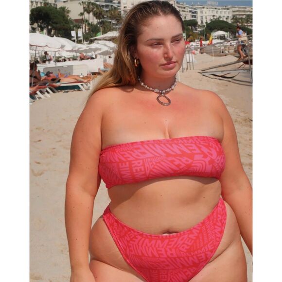 🍉 NWT Remmie by Riley Crossed Bandeau Bikini‎ Top Watermelon Pink Size XL Plus - Picture 2 of 7